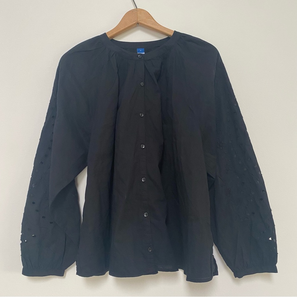 Old Navy Cotton Embroidered Balloon Sleeves Buttoned Top L Black